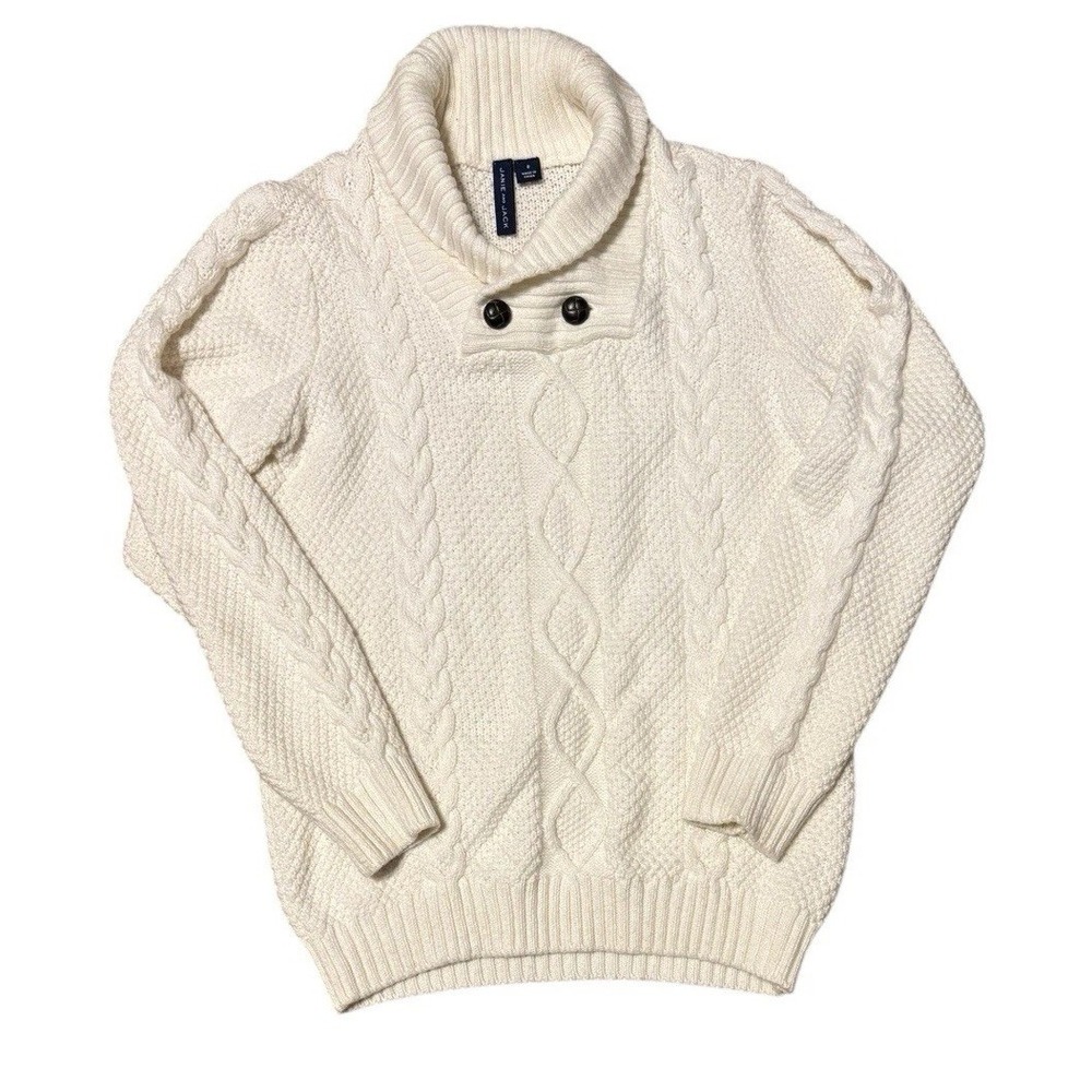 Janie & Jack Size 8 Cable Knit Sweater Shawl Collar White Ivory Pullover Buttons